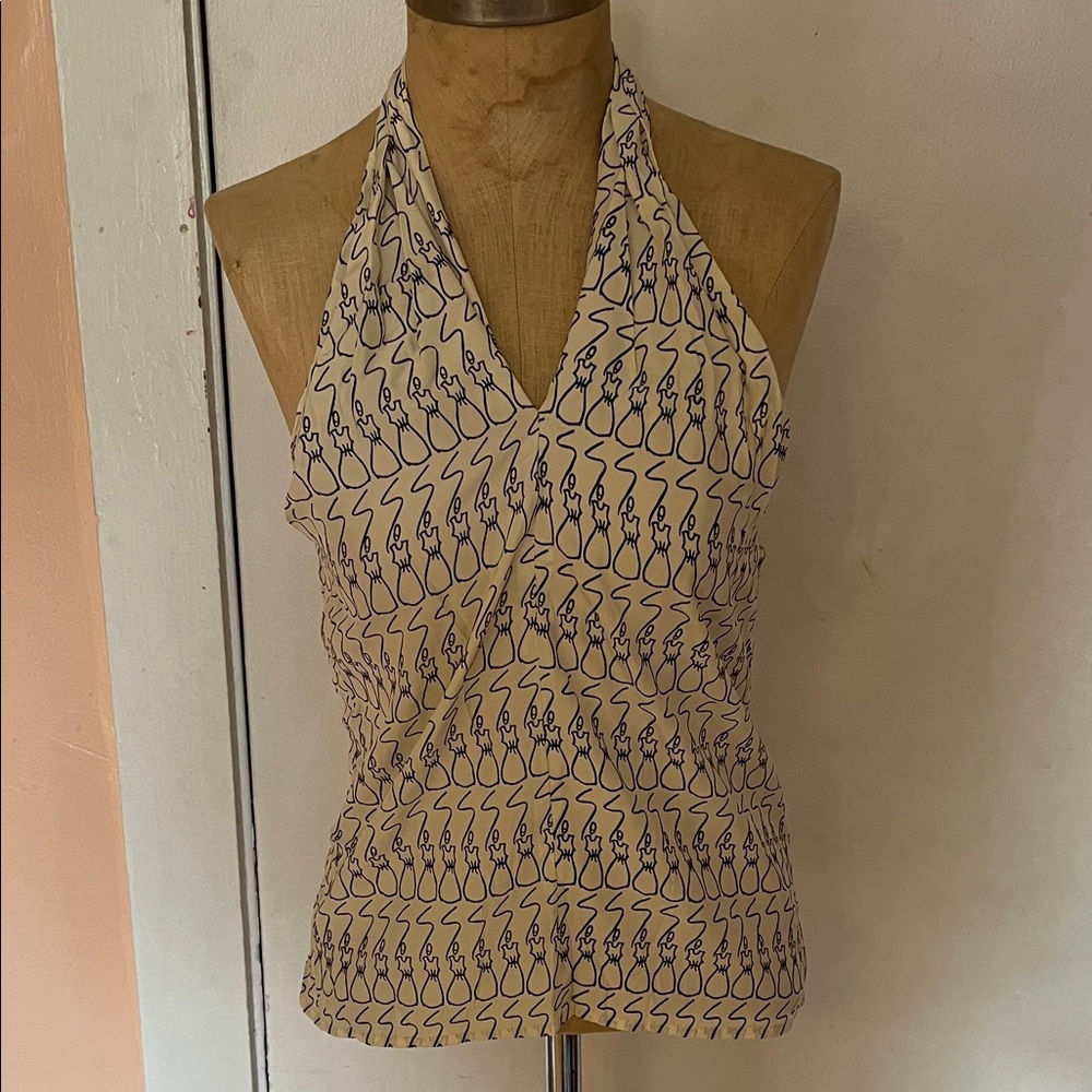 100% silk vintage Cream Halter Tank Top with Navy Print